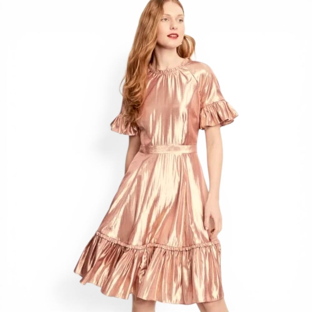 Rachel Parcell  Women's Metallic Ruffle Midi Swing Dress Size L Bronze Gold